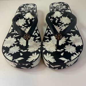 Tory Burch Thandie Wedge Flip-Flops In Black, White, & Grey Floral Print